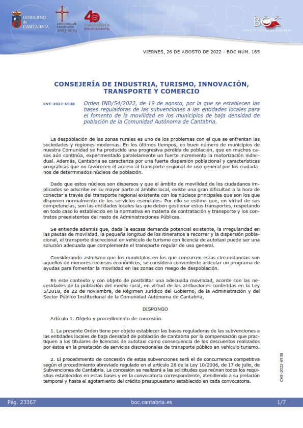 Orden IND/54/2022, de 19 de agosto, por la que se establecen las bases reguladoras de las subvenciones a las entidades locales para el fomento de la movilidad en los municipios de baja densidad de población de la Comunidad Autónoma de Cantabria