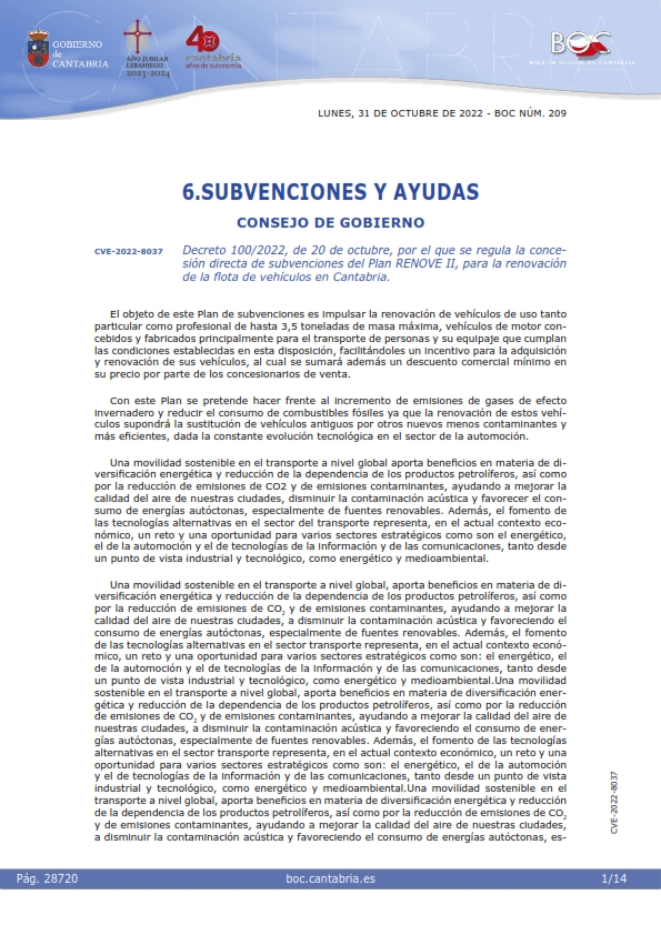 Decreto 100/2022, de 20 de octubre, por el que se regula la concesión directa de subvenciones del Plan RENOVE II, para la renovación de la flota de vehículos en Cantabria