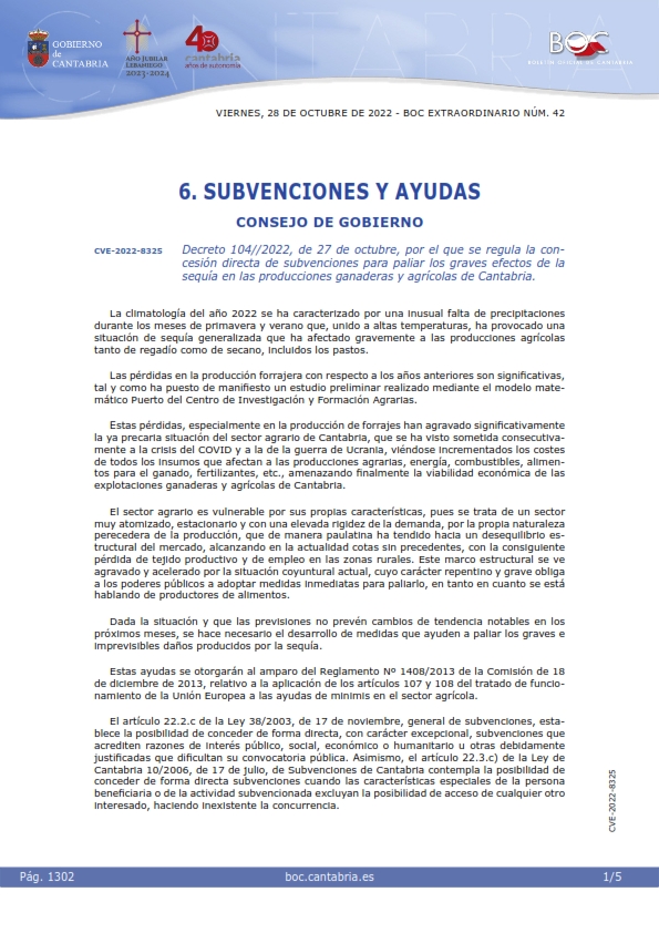 Decreto 104//2022, de 27 de octubre, por el que se regula la concesión directa de subvenciones para paliar los graves efectos de la sequía en las producciones ganaderas y agrícolas de Cantabria
