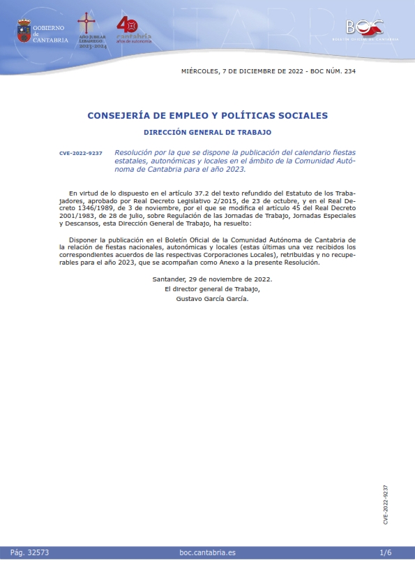 Resolución por la que se dispone la publicación del calendario fiestas estatales, autonómicas y locales en el ámbito de la Comunidad Autónoma de Cantabria para el año 2023