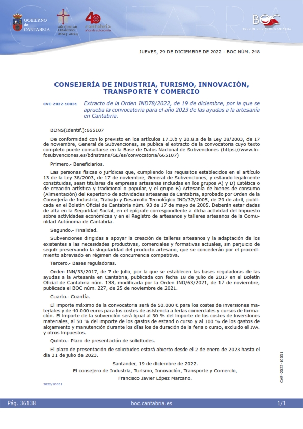 Extracto y Orden IND78/2022, de 19 de diciembre, por la que se aprueba la convocatoria para el año 2023 de las ayudas a la artesanía en Cantabria.