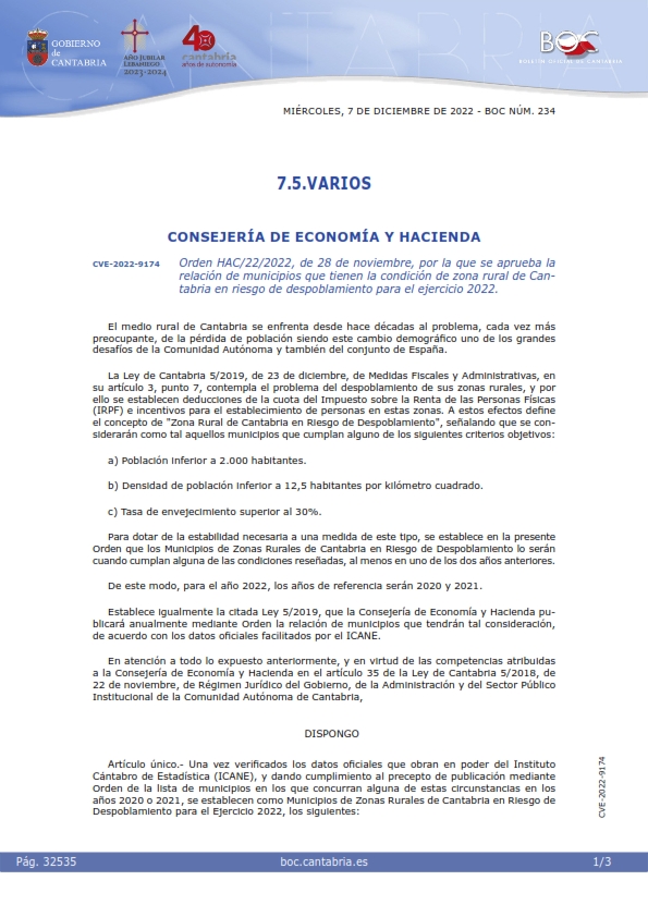 Orden HAC/22/2022, de 28 de noviembre, por la que se aprueba la relación de municipios que tienen la condición de zona rural de Cantabria en riesgo de despoblamiento para el ejercicio 2022