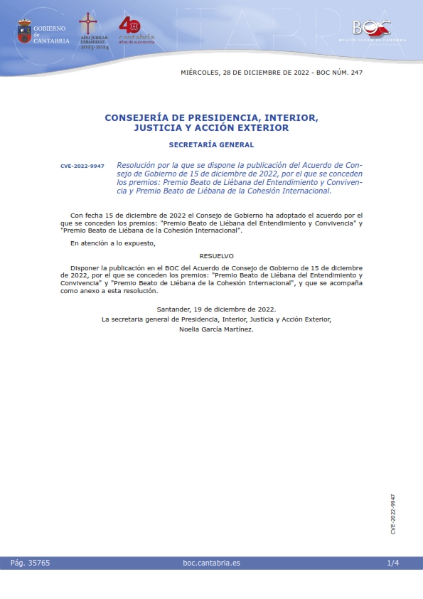 Resolución por la que se dispone la publicación del Acuerdo de Consejo de Gobierno de 15 de diciembre de 2022, por el que se conceden los premios: Premio Beato de Liébana del Entendimiento y Convivencia y Premio Beato de Liébana de la Cohesión Internacional